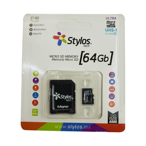 Memoria Micro SD 64GB STYLOS STMSDA3B - Memoria Micro SD 64GB STYLOS STMSDA3B -